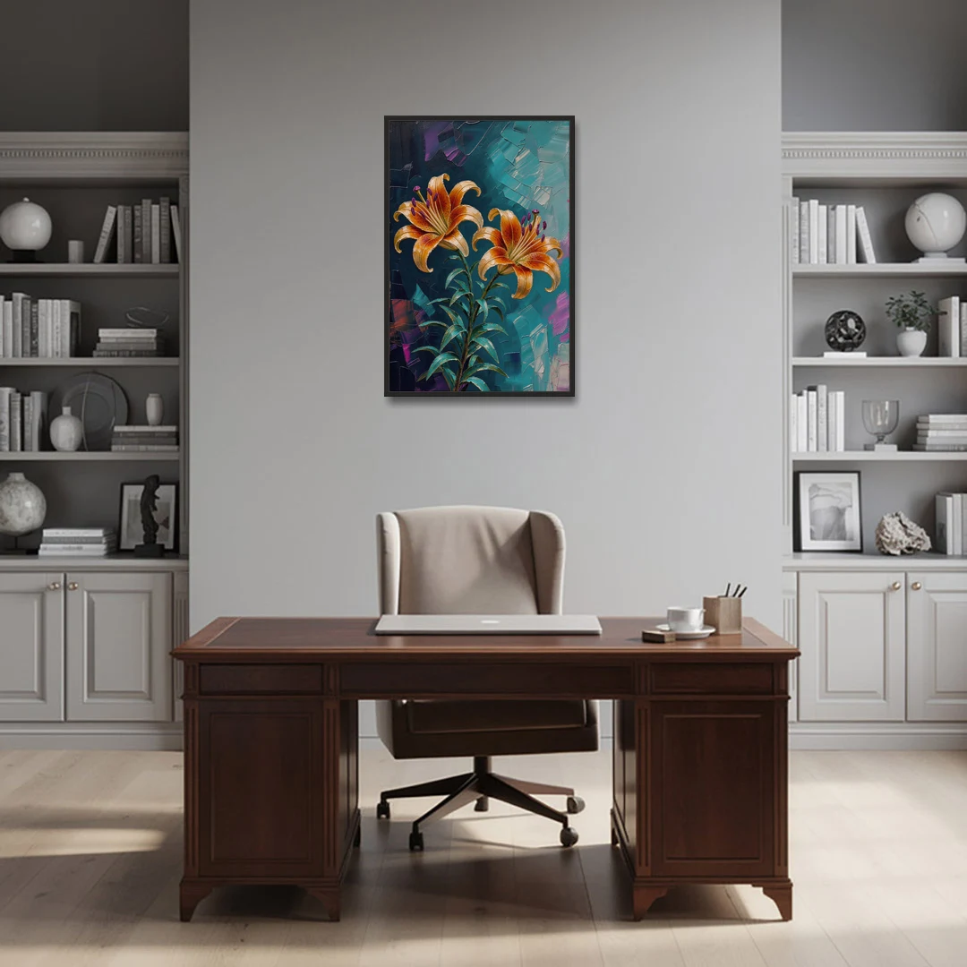 Dark Botanical Wall Art of Orange Lilies - Black Framed Canvas Wall Art - Office - 24x36