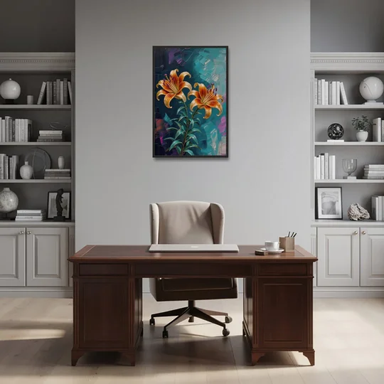 Dark Botanical Wall Art of Orange Lilies - Black Framed Canvas Wall Art - Office - 24x36