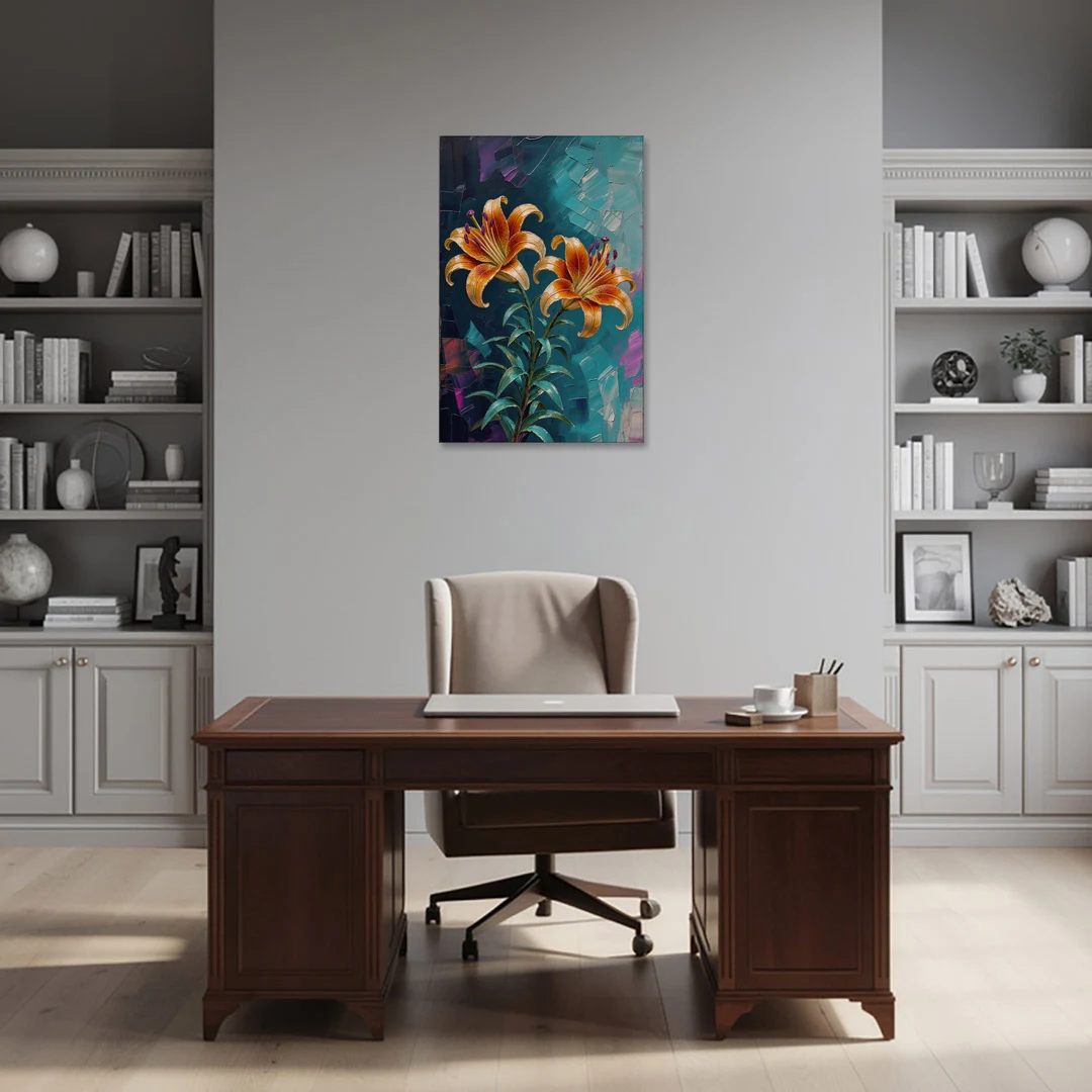 Dark Botanical Wall Art of Orange Lilies - Canvas Wall Art - Office - 24x36