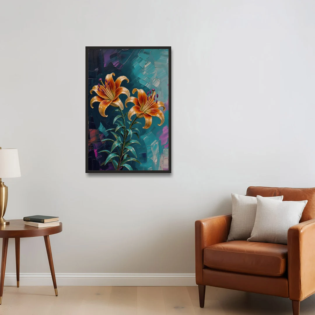 Dark Botanical Wall Art of Orange Lilies - Black Framed Canvas Wall Art - Sofa - 24x36
