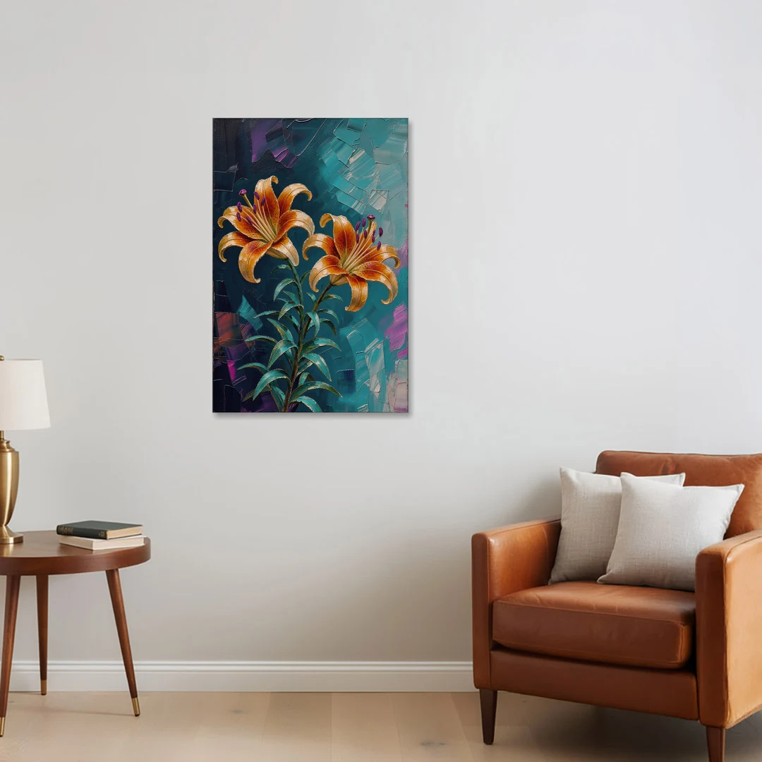 Dark Botanical Wall Art of Orange Lilies - Canvas Wall Art - Sofa - 24x36