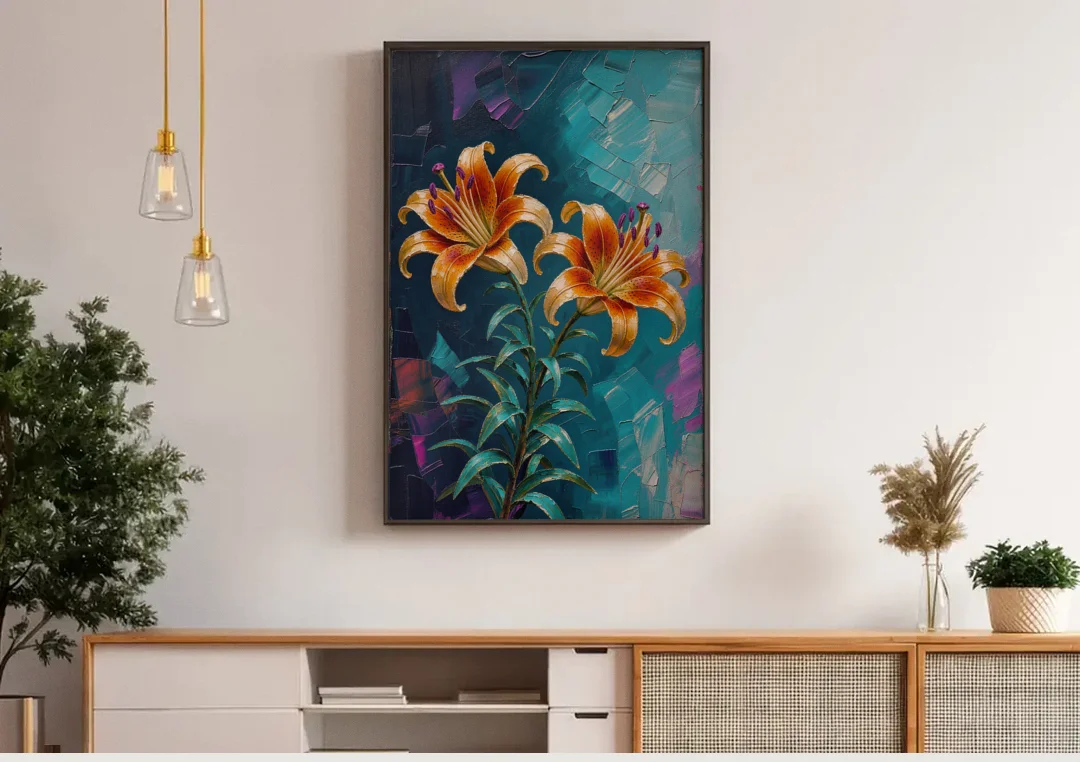 Dark Botanical Wall Art of Orange Lilies canvas wall art above a wooden sideboard under pendant lights