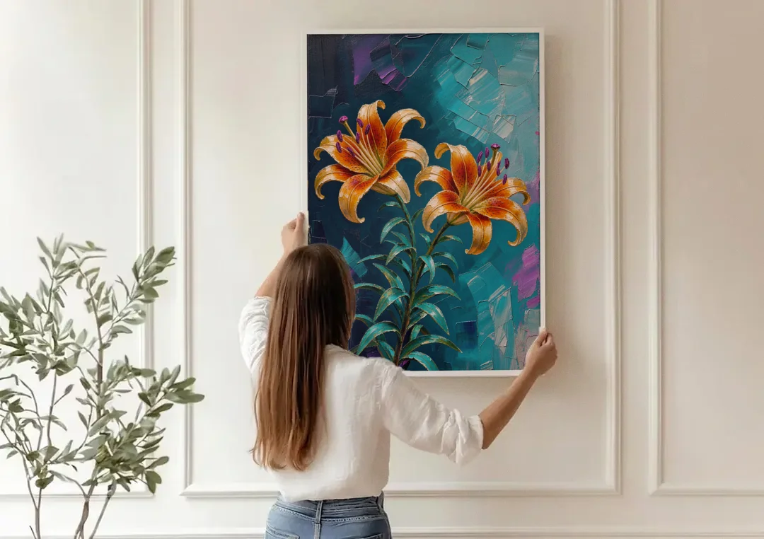 Dark Botanical Wall Art of Orange Lilies canvas wall art being hung on a paneled wall