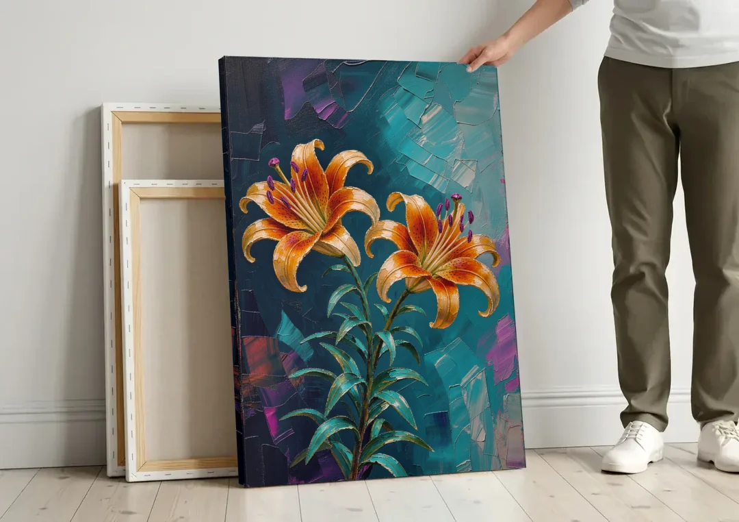 Dark Botanical Wall Art of Orange Lilies canvas wall art leaning against a wall next to blank canvases
