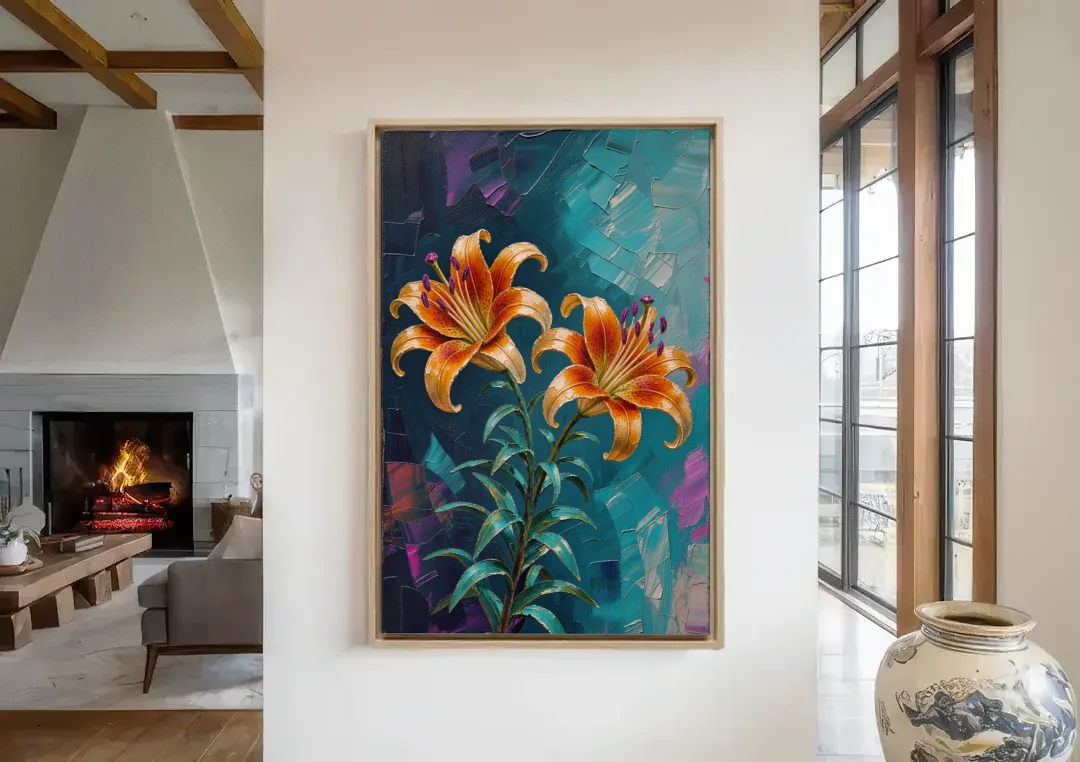 Dark Botanical Wall Art of Orange Lilies canvas wall art in a living room with a fireplace