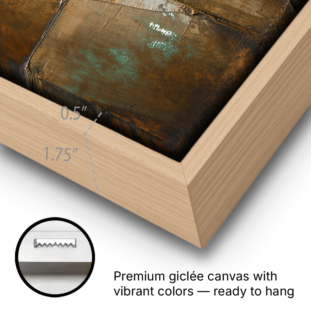 Dark Brown Abstract of Weathered Iron in Dark Academia - Oak Framed Canvas Wall Art - Gallery Wrap Corner