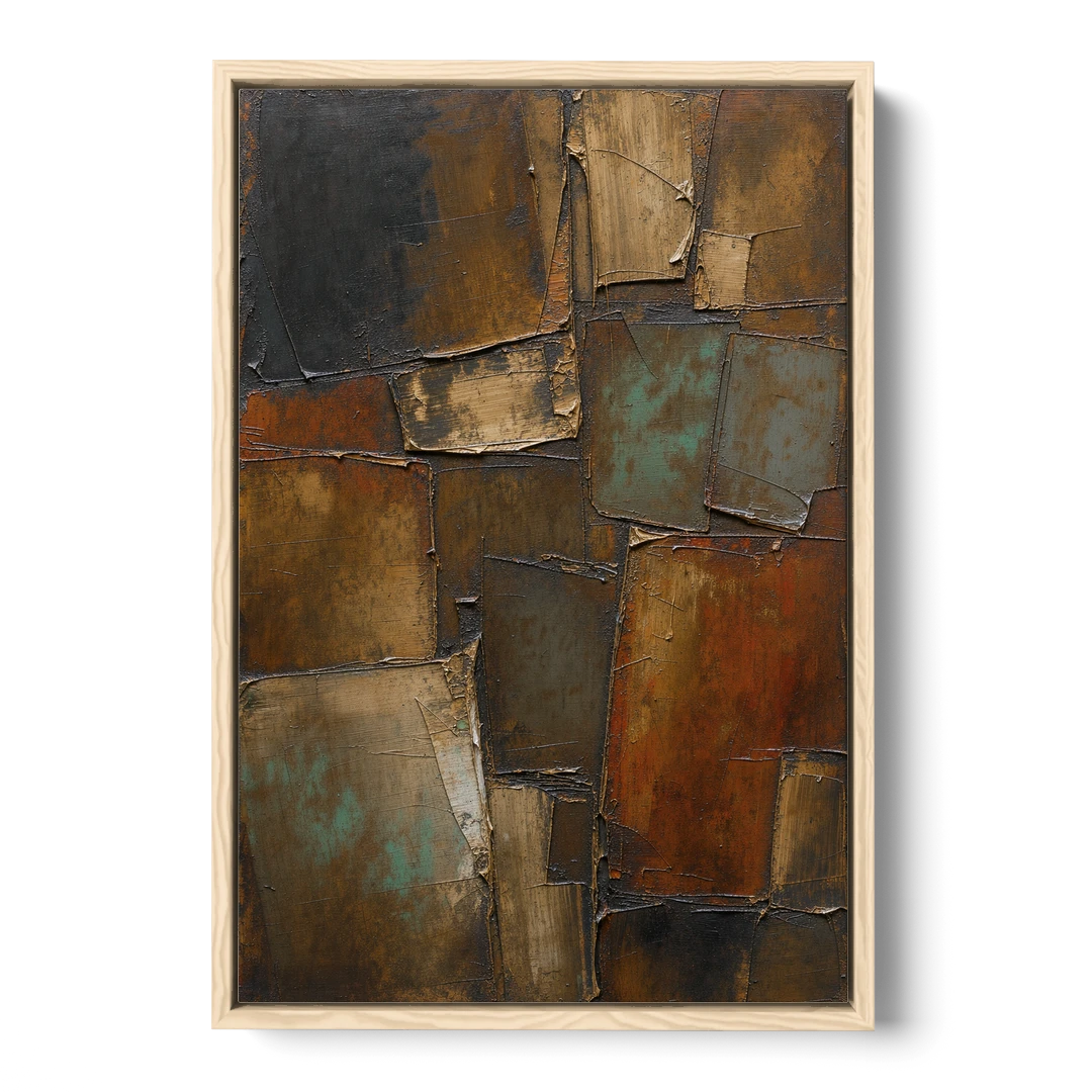 Dark Brown Abstract of Weathered Iron in Dark Academia - Oak Framed Canvas Wall Art - Front