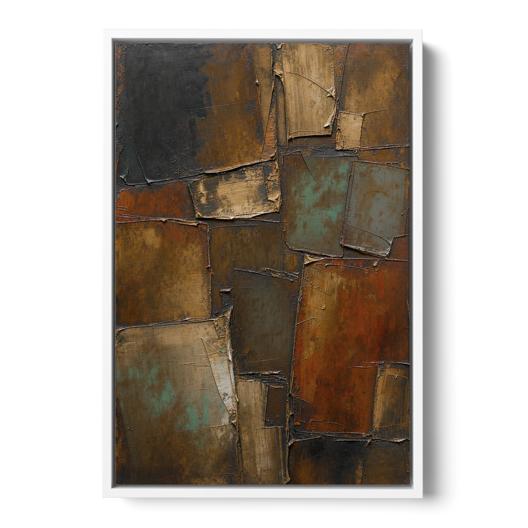 Dark Brown Abstract of Weathered Iron in Dark Academia - White Framed Canvas Wall Art - Front