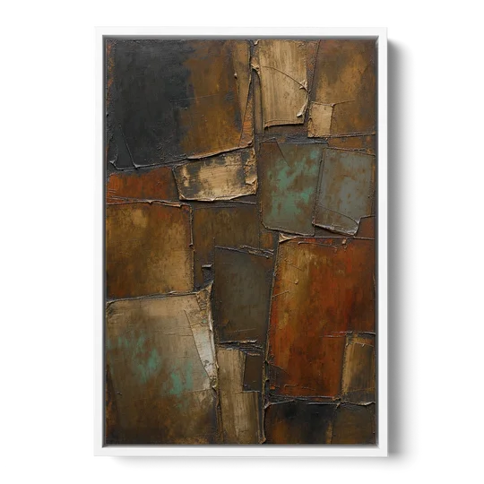 Dark Brown Abstract of Weathered Iron in Dark Academia - White Framed Canvas Wall Art - Front