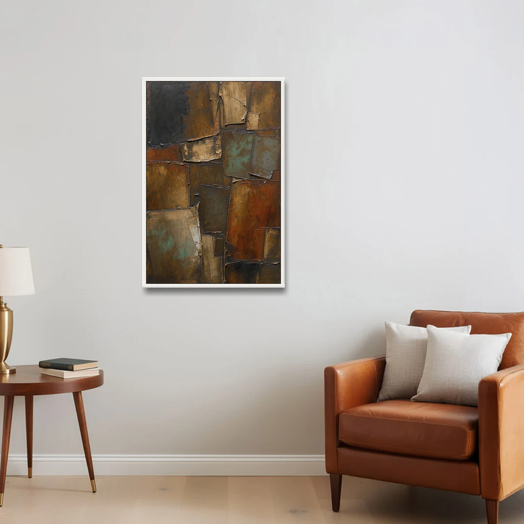 Dark Brown Abstract of Weathered Iron in Dark Academia - White Framed Canvas Wall Art - Sofa - 24x36