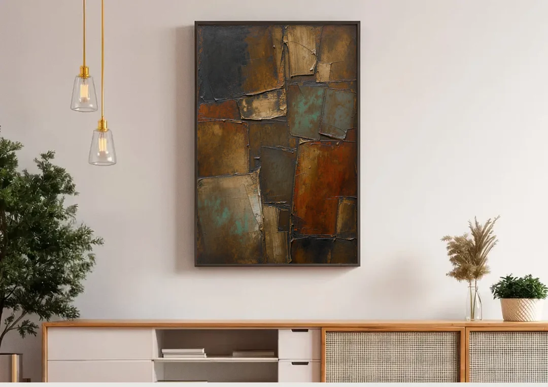 Dark Brown Abstract of Weathered Iron in Dark Academia canvas wall art above a wooden sideboard under pendant lights