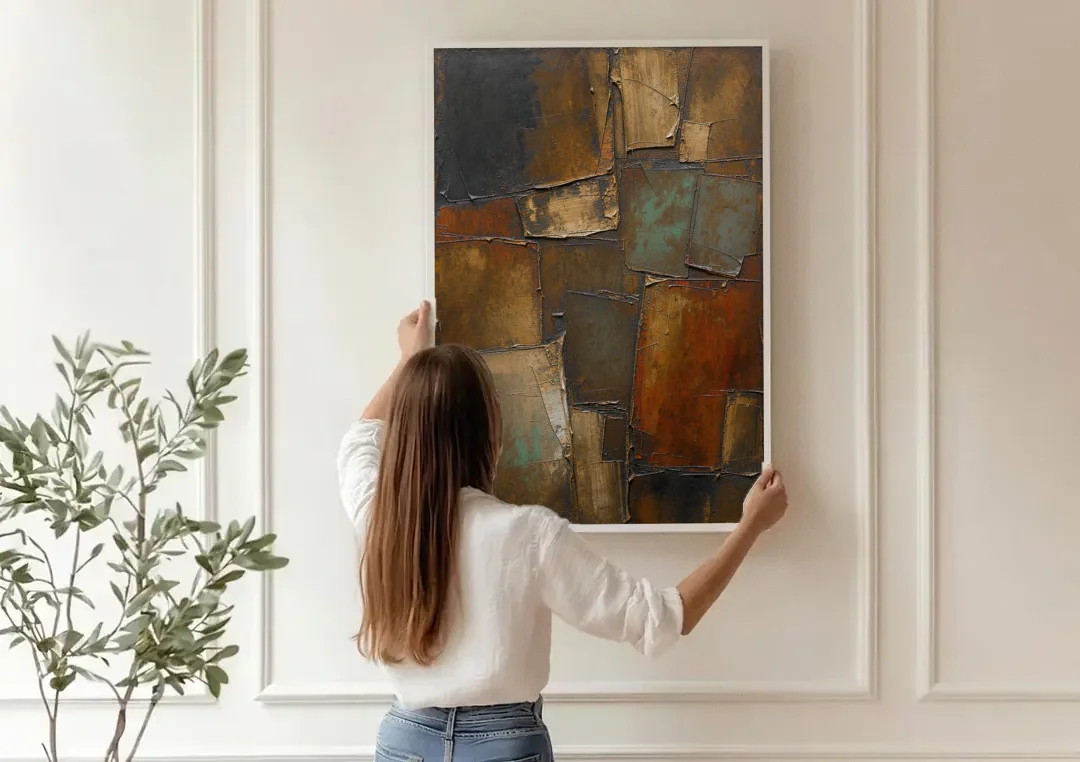 Dark Brown Abstract of Weathered Iron in Dark Academia canvas wall art being hung on a paneled wall