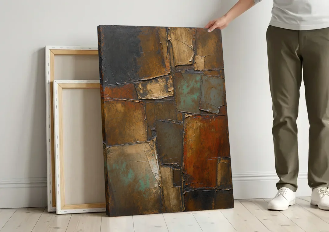 Dark Brown Abstract of Weathered Iron in Dark Academia canvas wall art leaning against a wall next to blank canvases