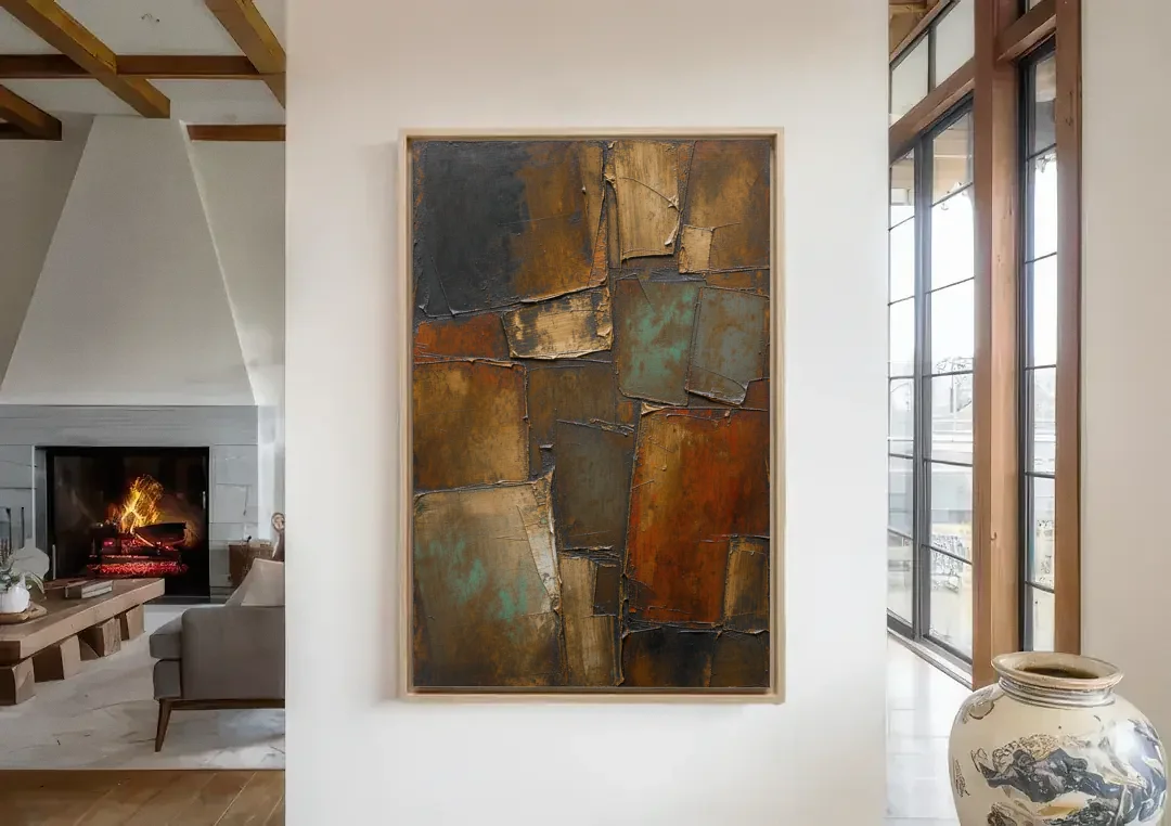 Dark Brown Abstract of Weathered Iron in Dark Academia canvas wall art in a living room with a fireplace