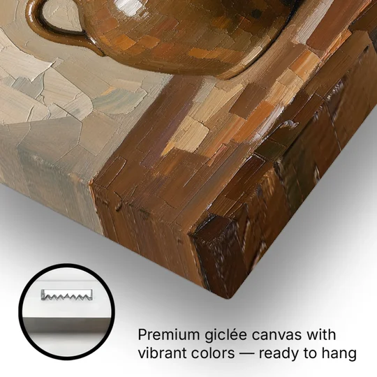 Dark Brown Painting of a Stoneware Jug and Pears - Canvas Wall Art - Gallery Wrap Corner