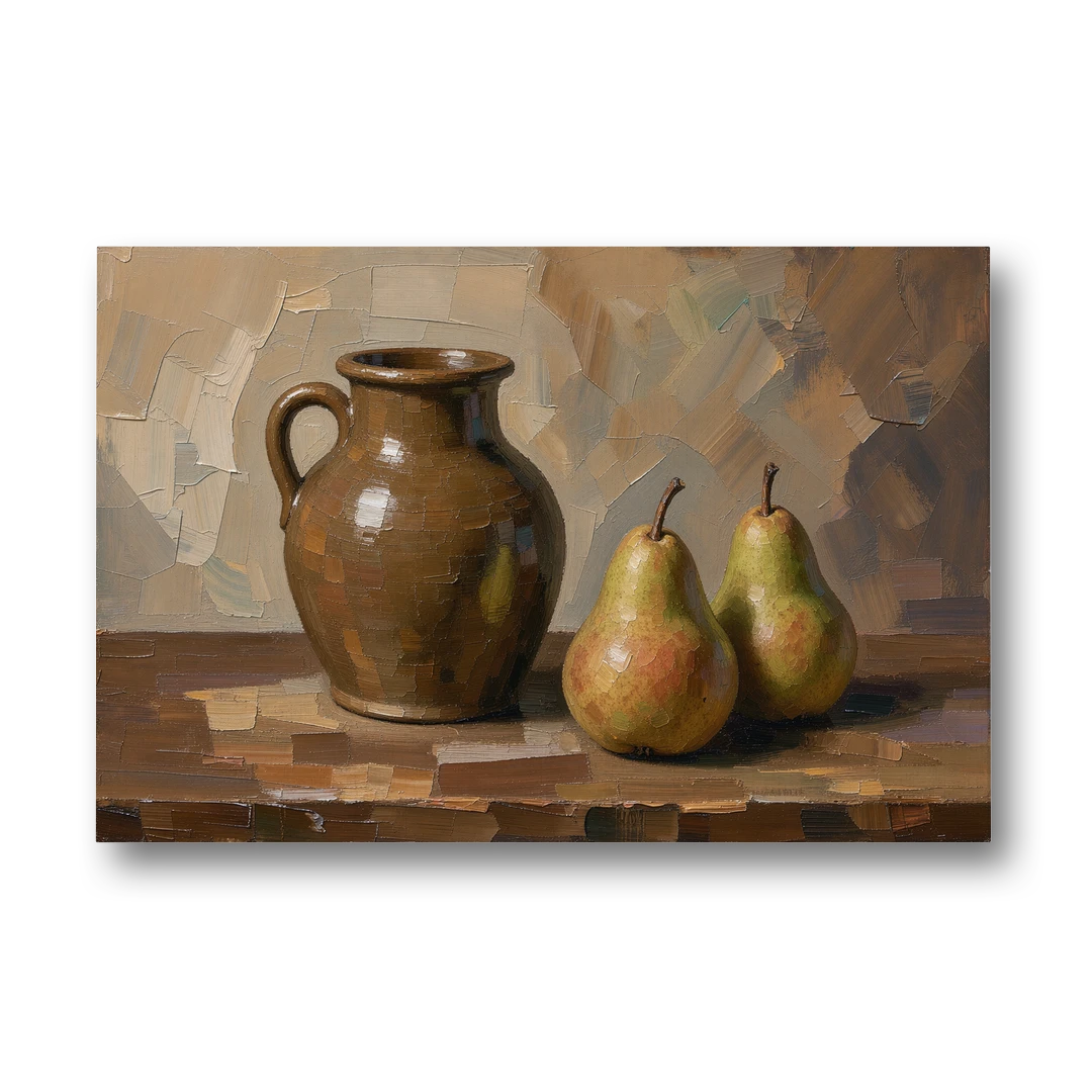 Dark Brown Painting of a Stoneware Jug and Pears - Canvas Wall Art - Front