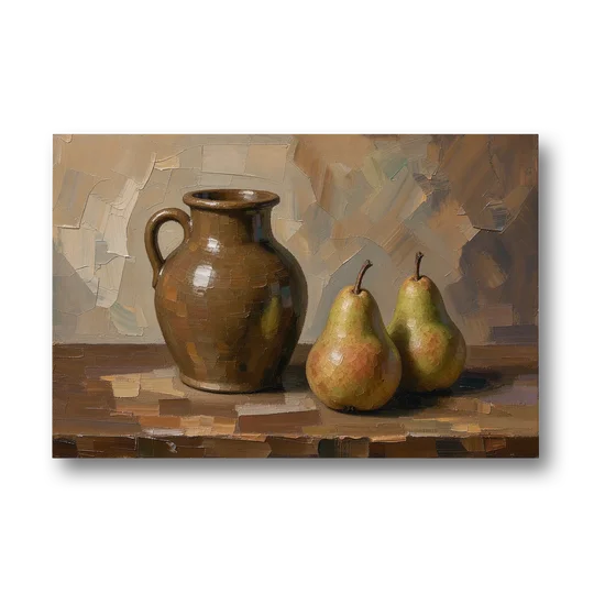Dark Brown Painting of a Stoneware Jug and Pears - Canvas Wall Art - Front