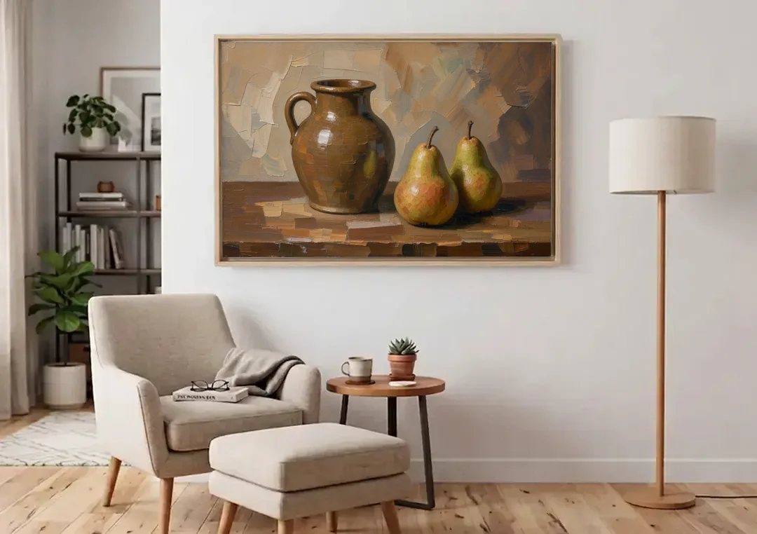 Dark Brown Painting of a Stoneware Jug and Pears canvas wall art above an armchair in a bright living room
