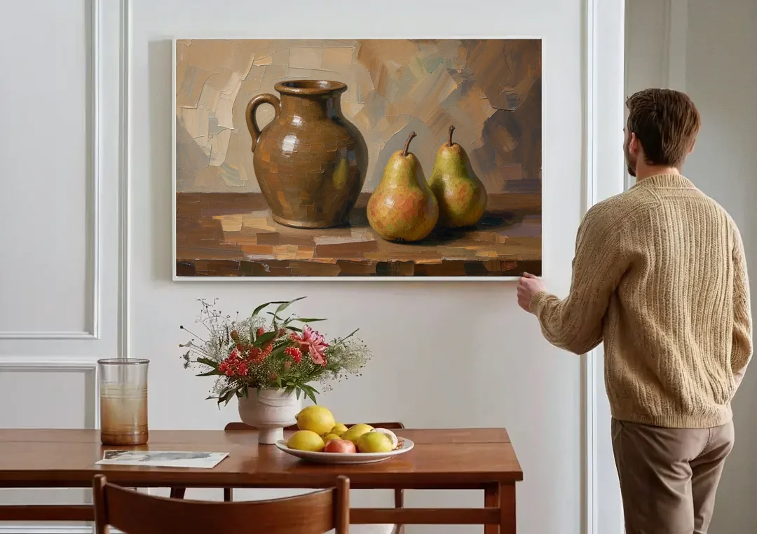 Dark Brown Painting of a Stoneware Jug and Pears canvas wall art above a dining table