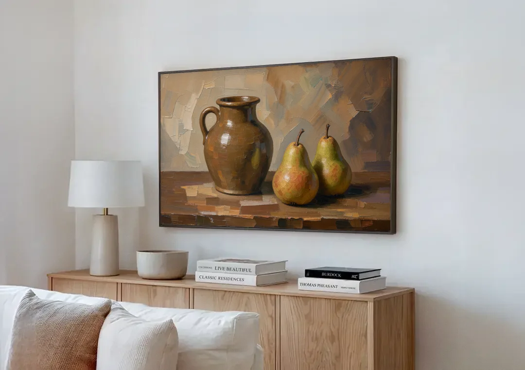 Dark Brown Painting of a Stoneware Jug and Pears canvas wall art above a wooden sideboard next to a sofa