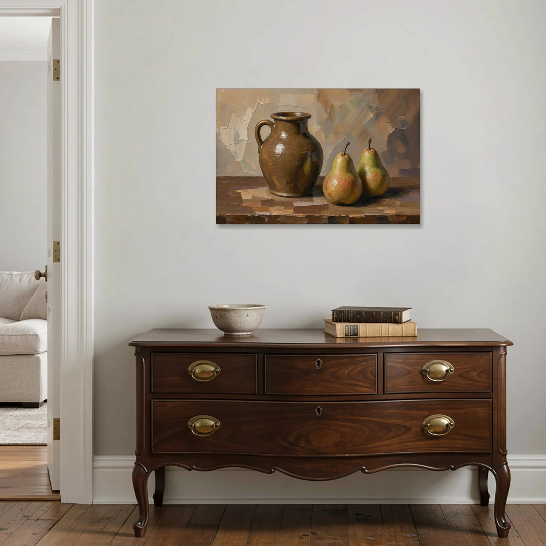 Dark Brown Painting of a Stoneware Jug and Pears - Canvas Wall Art - Coffee Table - 36x24