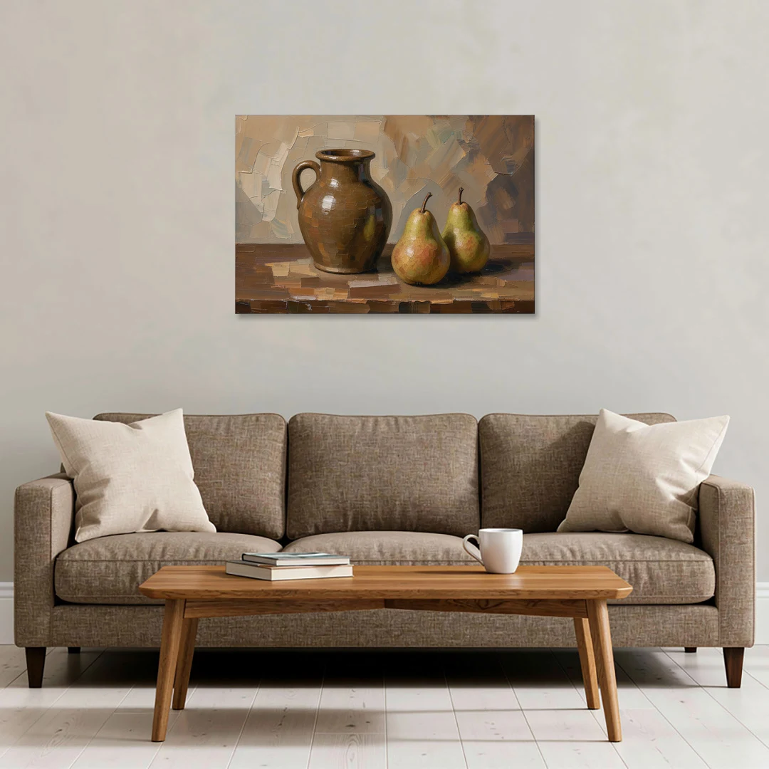Dark Brown Painting of a Stoneware Jug and Pears - Canvas Wall Art - Sofa - 36x24