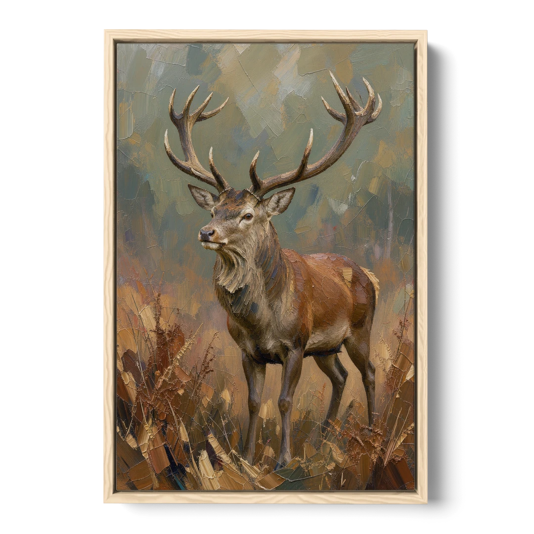 Dark Brown Wall Art with Red Stag in Bracken - Oak Framed Canvas Wall Art - Front
