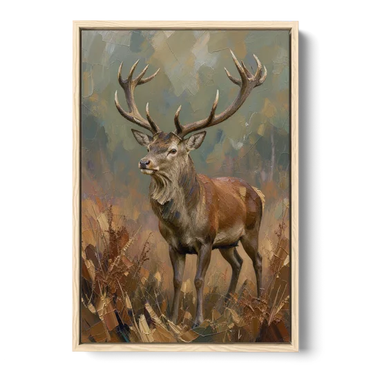 Dark Brown Wall Art with Red Stag in Bracken - Oak Framed Canvas Wall Art - Front