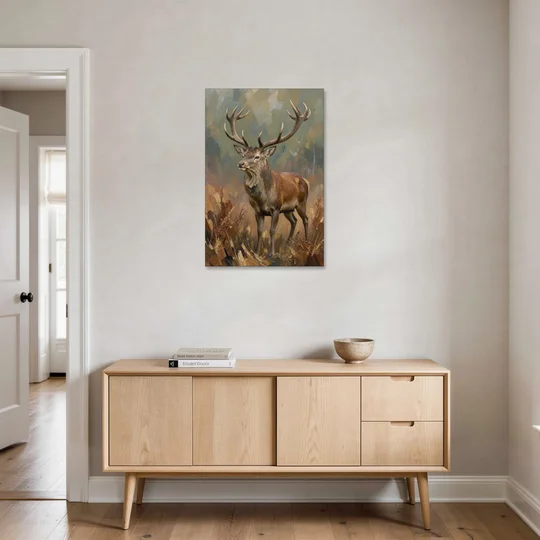 Dark Brown Wall Art with Red Stag in Bracken - Canvas Wall Art - Coffee Table - 24x36