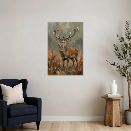 Dark Brown Wall Art with Red Stag in Bracken - Canvas Wall Art - Sofa - 24x36