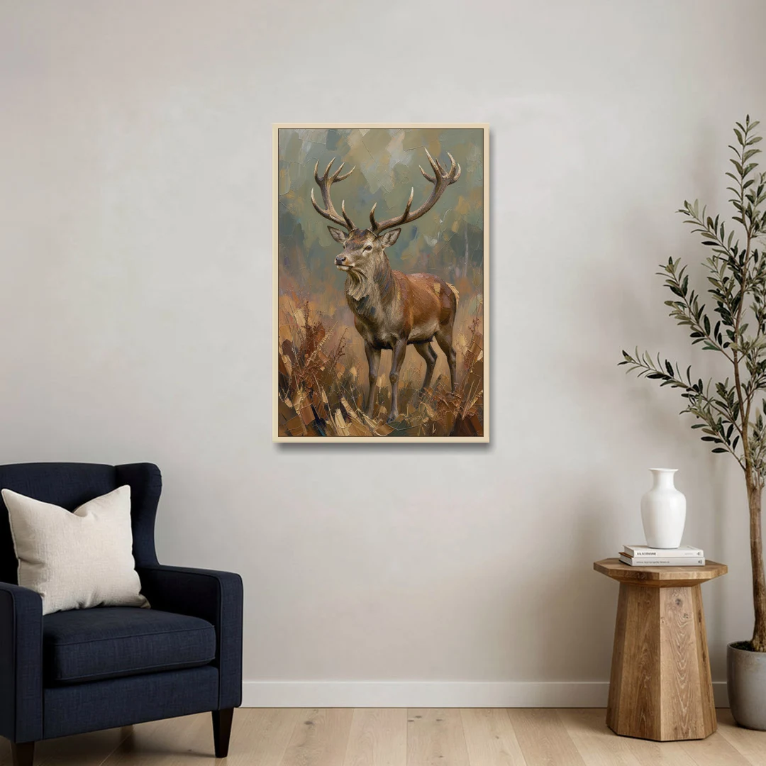 Dark Brown Wall Art with Red Stag in Bracken - Oak Framed Canvas Wall Art - Sofa - 24x36