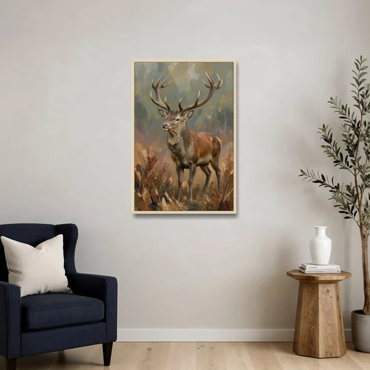Dark Brown Wall Art with Red Stag in Bracken - Oak Framed Canvas Wall Art - Sofa - 24x36