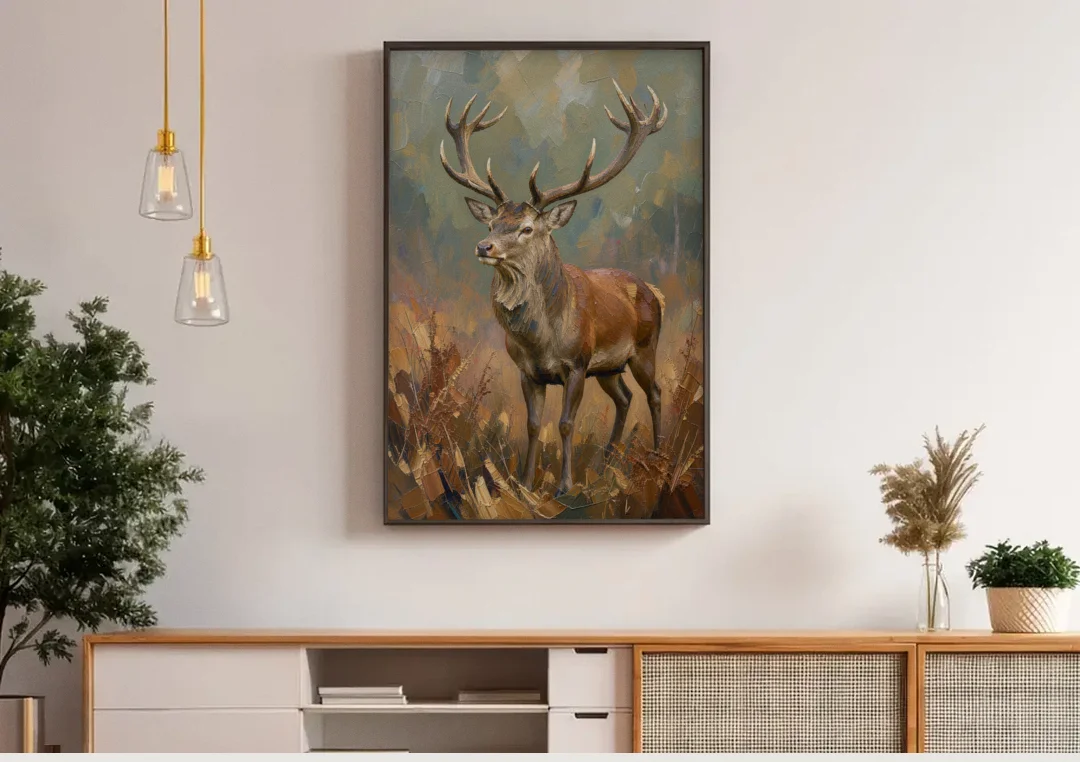 Dark Brown Wall Art with Red Stag in Bracken canvas wall art above a wooden sideboard under pendant lights