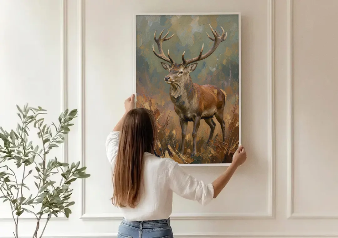 Dark Brown Wall Art with Red Stag in Bracken canvas wall art being hung on a paneled wall