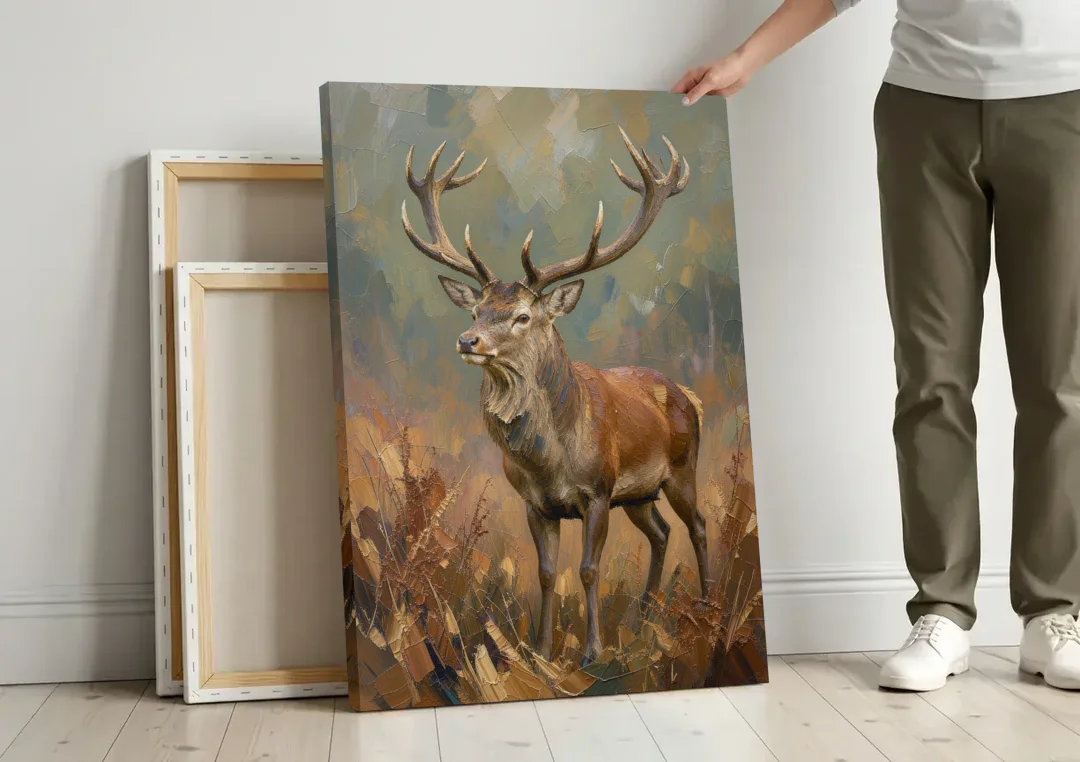 Dark Brown Wall Art with Red Stag in Bracken canvas wall art leaning against a wall next to blank canvases