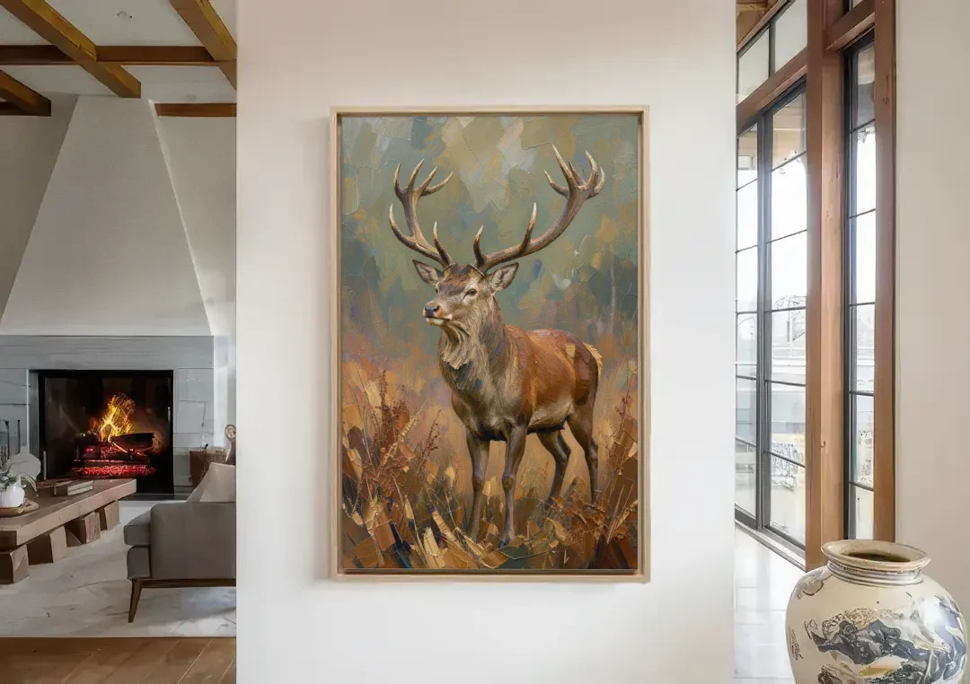 Dark Brown Wall Art with Red Stag in Bracken canvas wall art in a living room with a fireplace