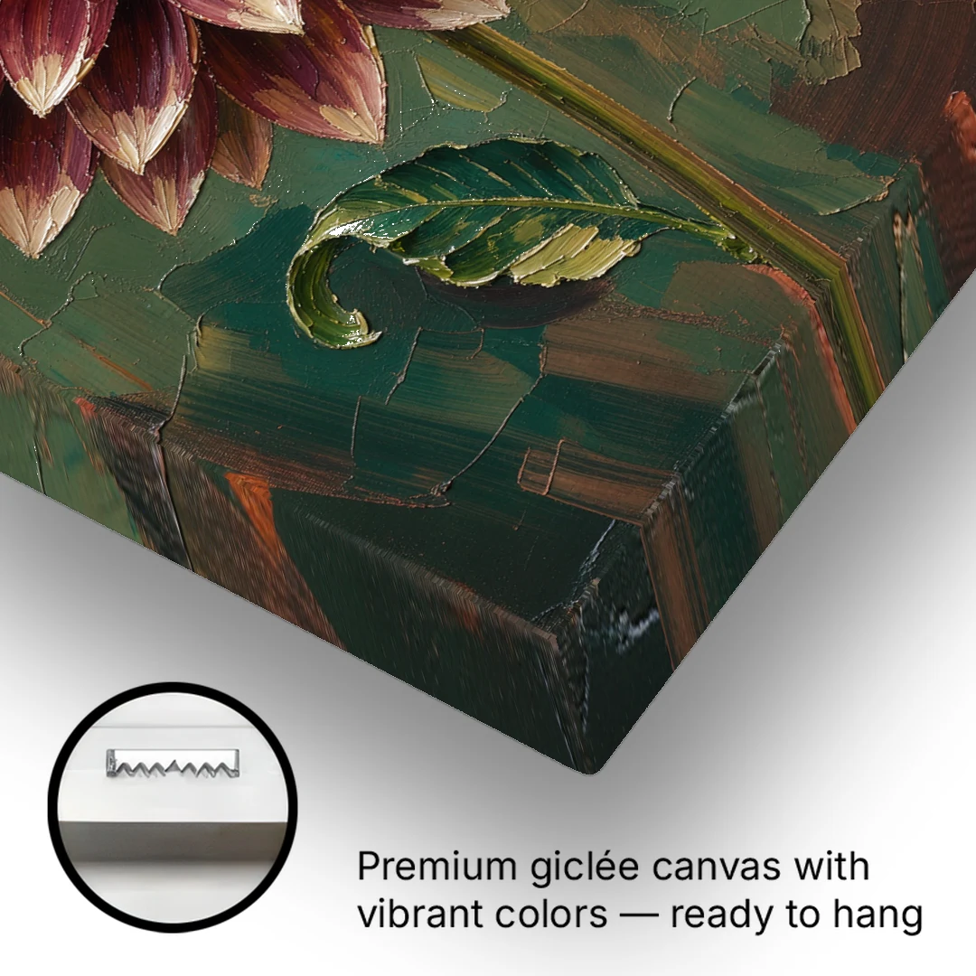 Dark Floral Canvas Art of a Burgundy Dahlia - Canvas Wall Art - Gallery Wrap Corner