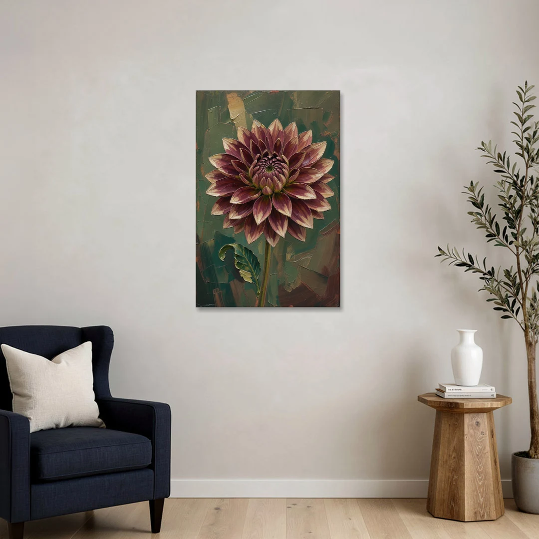 Dark Floral Canvas Art of a Burgundy Dahlia - Canvas Wall Art - Sofa - 24x36