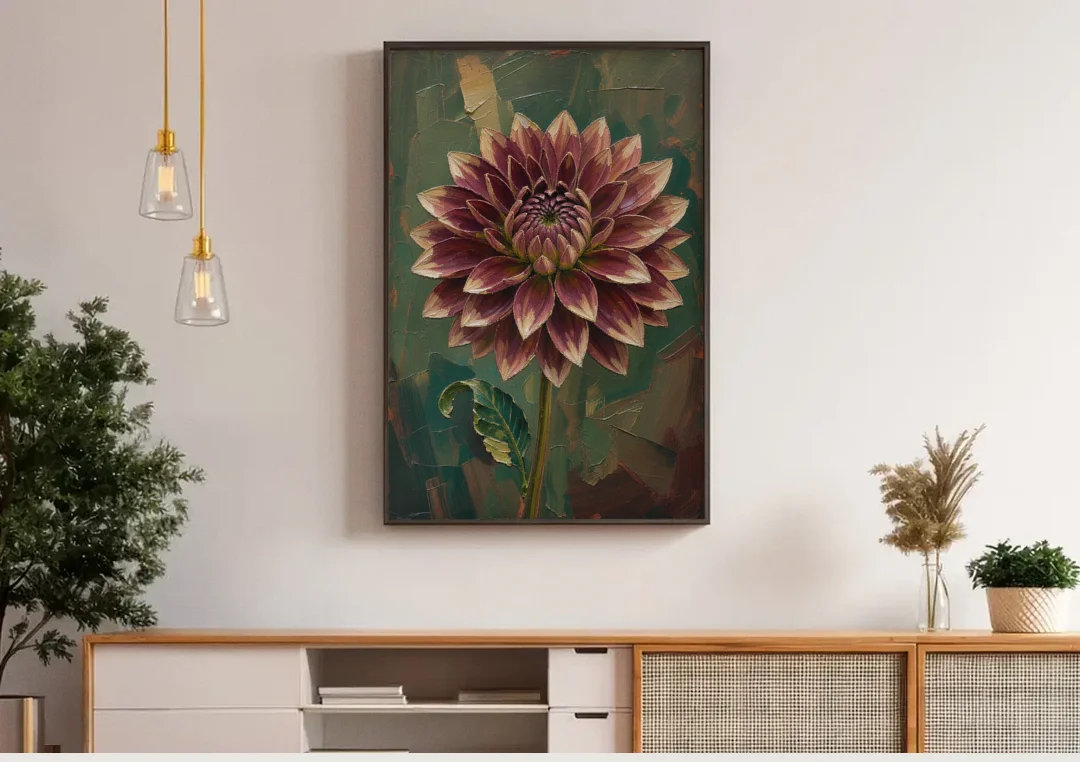 Dark Floral Canvas Art of a Burgundy Dahlia canvas wall art above a wooden sideboard under pendant lights