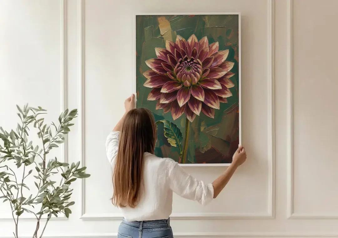 Dark Floral Canvas Art of a Burgundy Dahlia canvas wall art being hung on a paneled wall