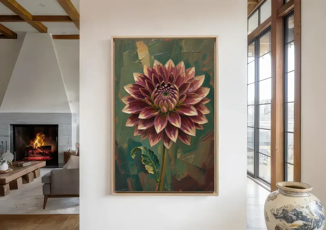 Dark Floral Canvas Art of a Burgundy Dahlia canvas wall art in a living room with a fireplace