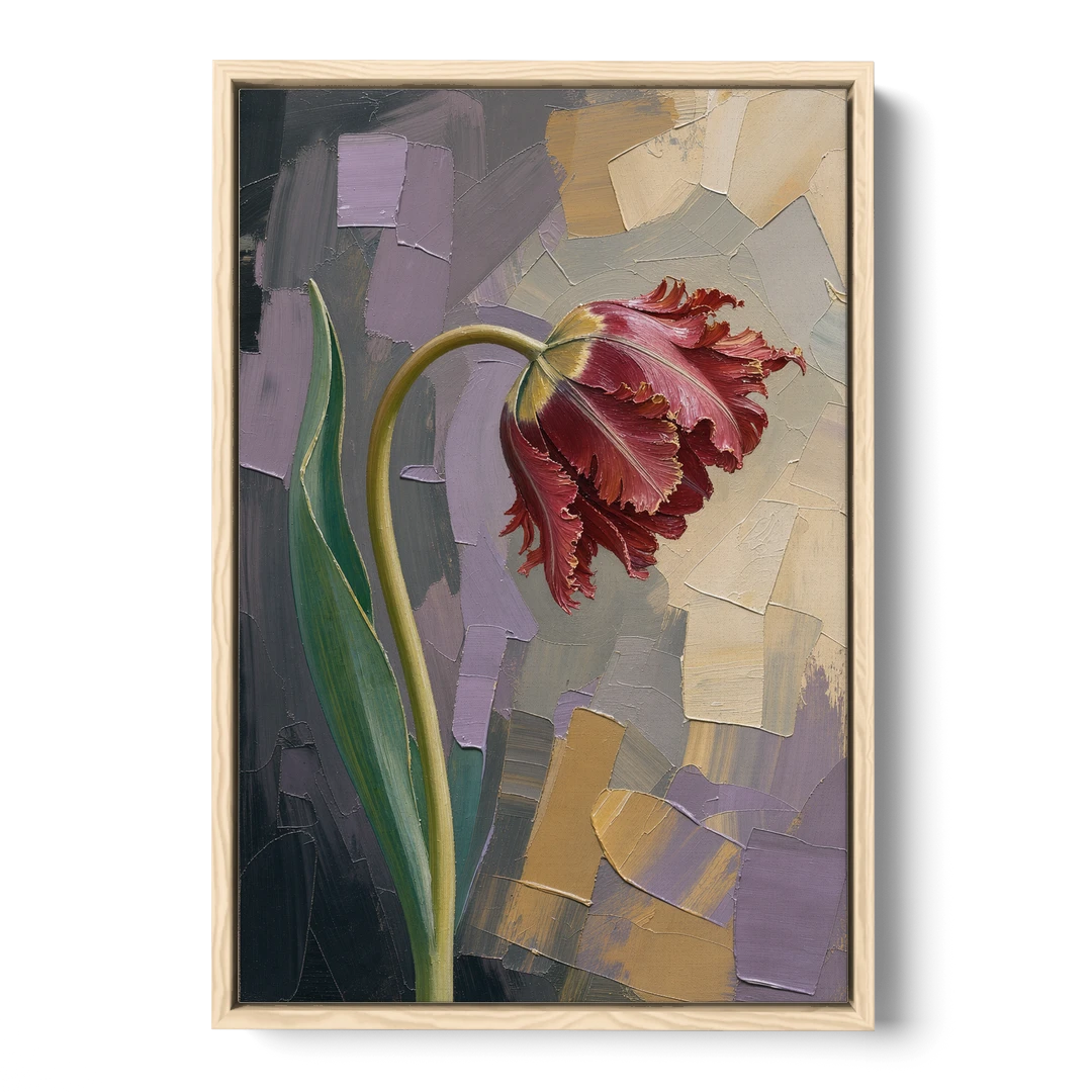 Dark Floral Painting of a Crimson Parrot Tulip - Oak Framed Canvas Wall Art - Front