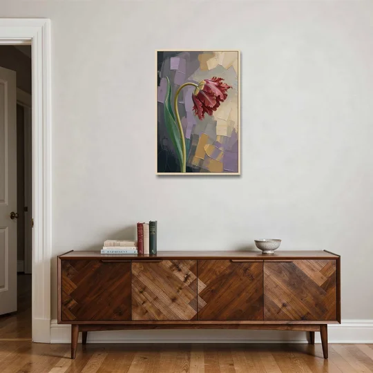 Dark Floral Painting of a Crimson Parrot Tulip - Oak Framed Canvas Wall Art - Coffee Table - 24x36