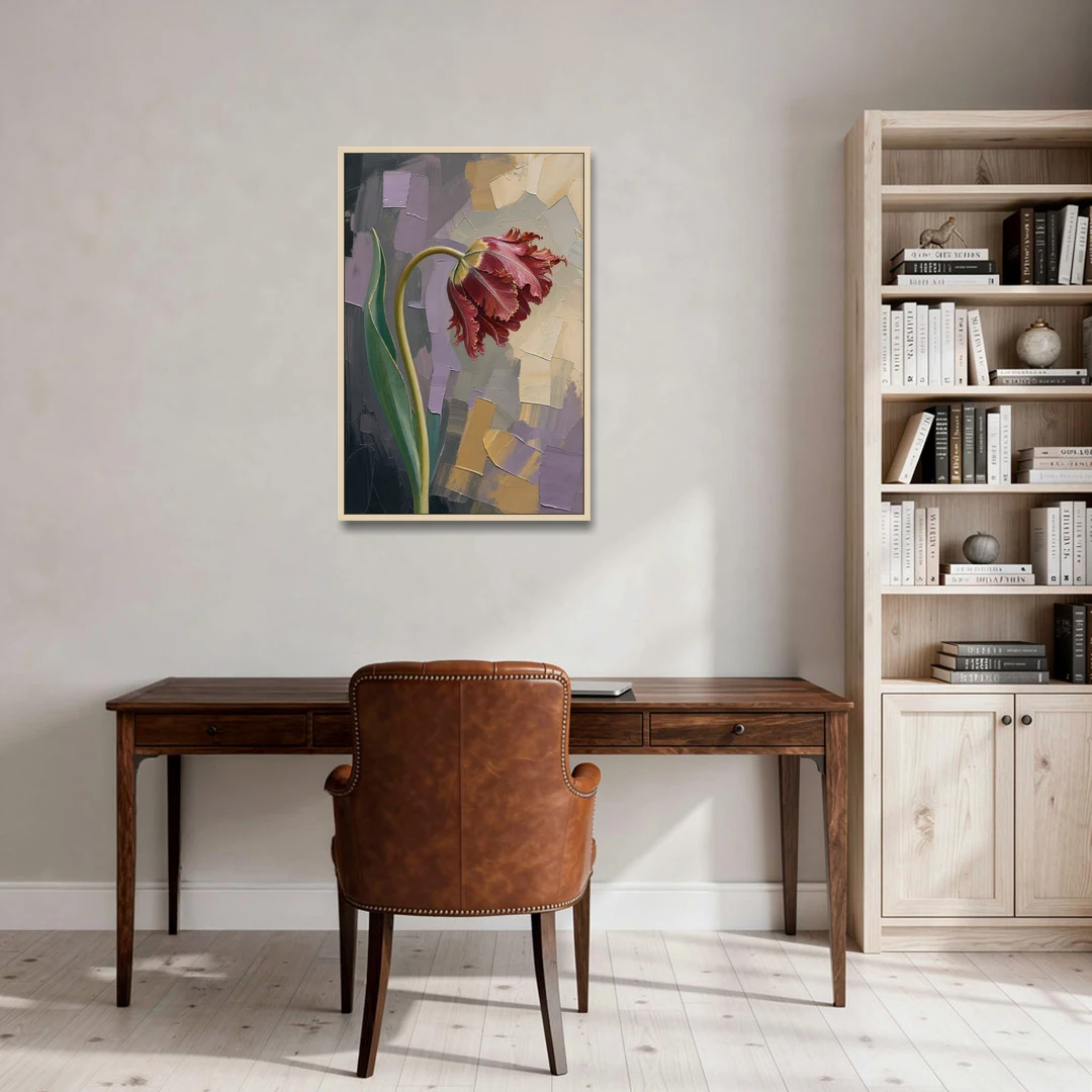 Dark Floral Painting of a Crimson Parrot Tulip - Oak Framed Canvas Wall Art - Office - 24x36