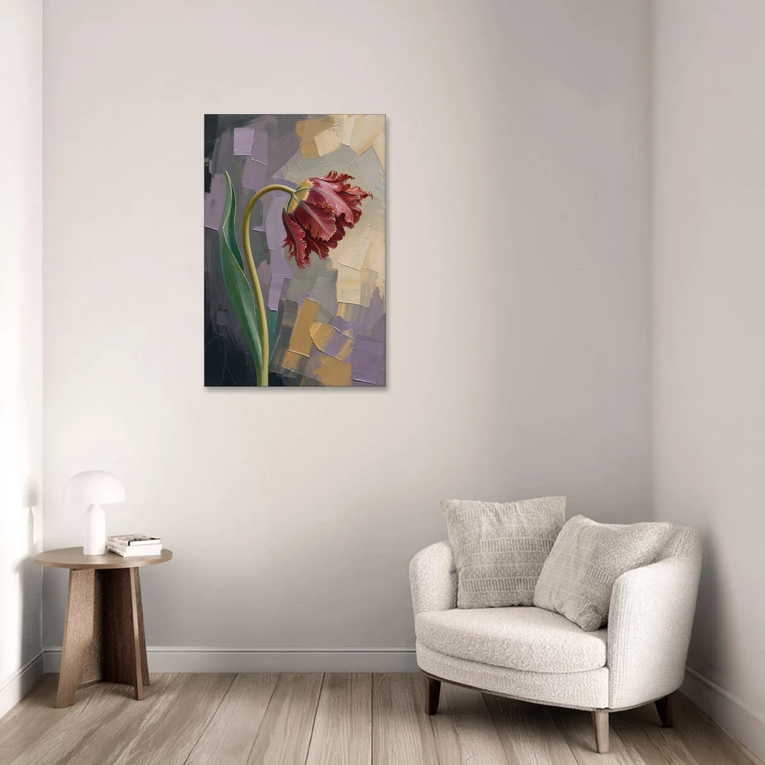 Dark Floral Painting of a Crimson Parrot Tulip - Canvas Wall Art - Sofa - 24x36