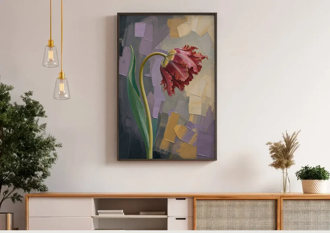Dark Floral Painting of a Crimson Parrot Tulip canvas wall art above a wooden sideboard under pendant lights