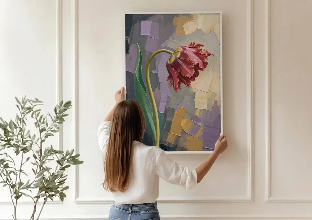Dark Floral Painting of a Crimson Parrot Tulip canvas wall art being hung on a paneled wall