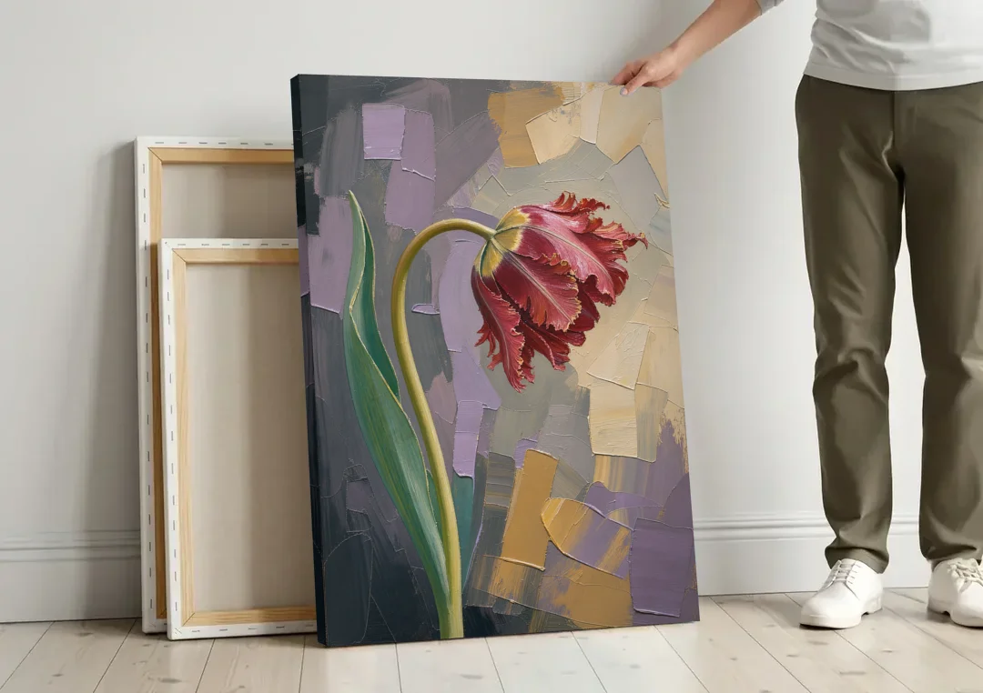 Dark Floral Painting of a Crimson Parrot Tulip canvas wall art leaning against a wall next to blank canvases