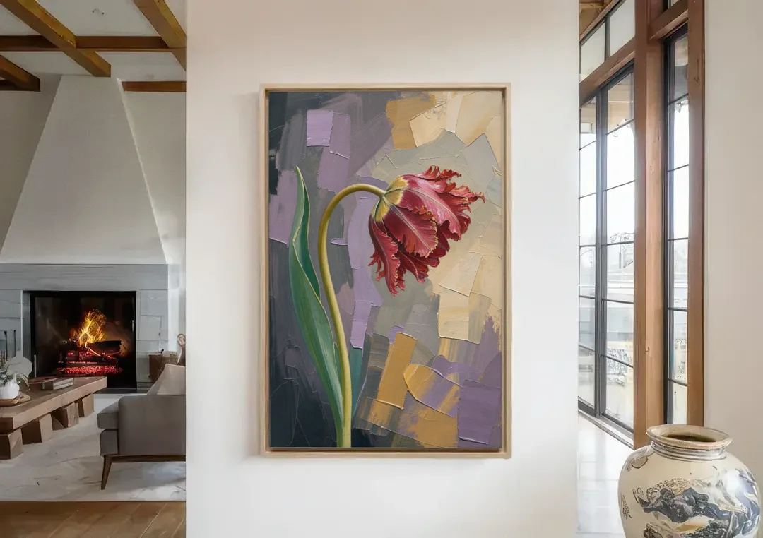 Dark Floral Painting of a Crimson Parrot Tulip canvas wall art in a living room with a fireplace