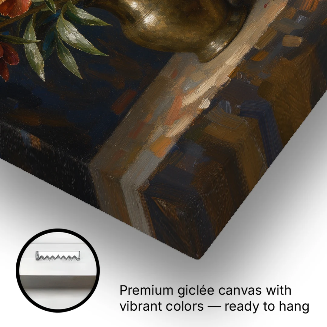 Dark Floral Rust Peonies in a Bronze Vase - Canvas Wall Art - Gallery Wrap Corner